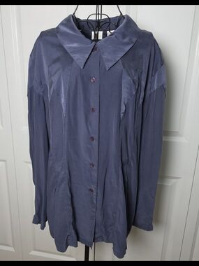 APiece Apart Silk Blouse 2X Blue Button Front Western Yoke Minimalist Top